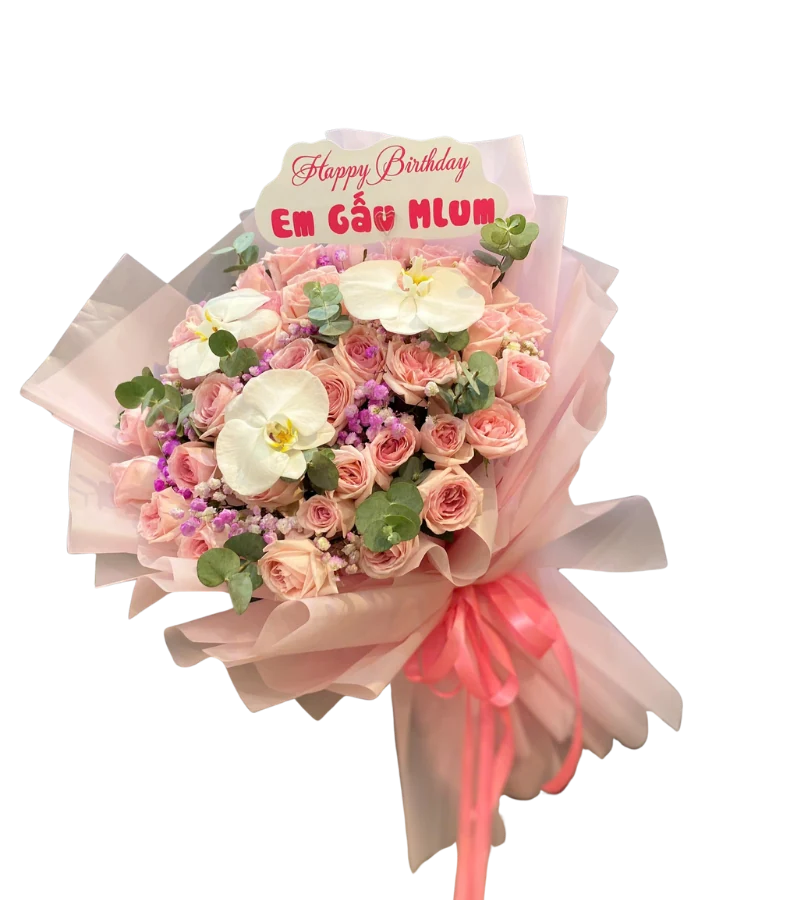 Bó hồng phấn phối lan trắng
