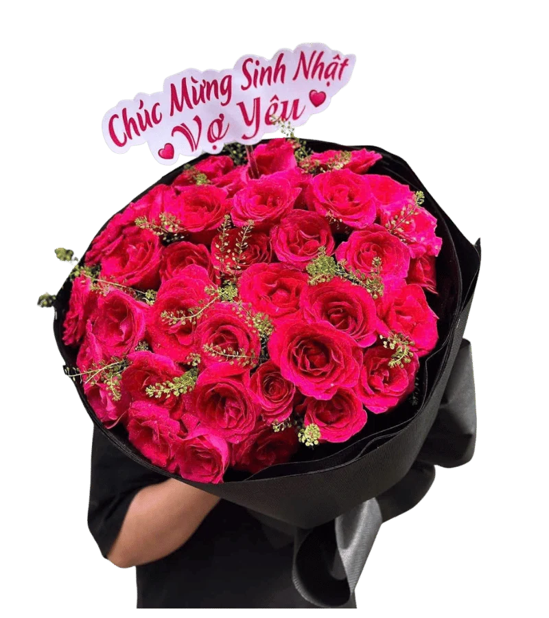 Bó hoa hồng hồng fuchsia dáng tròn
