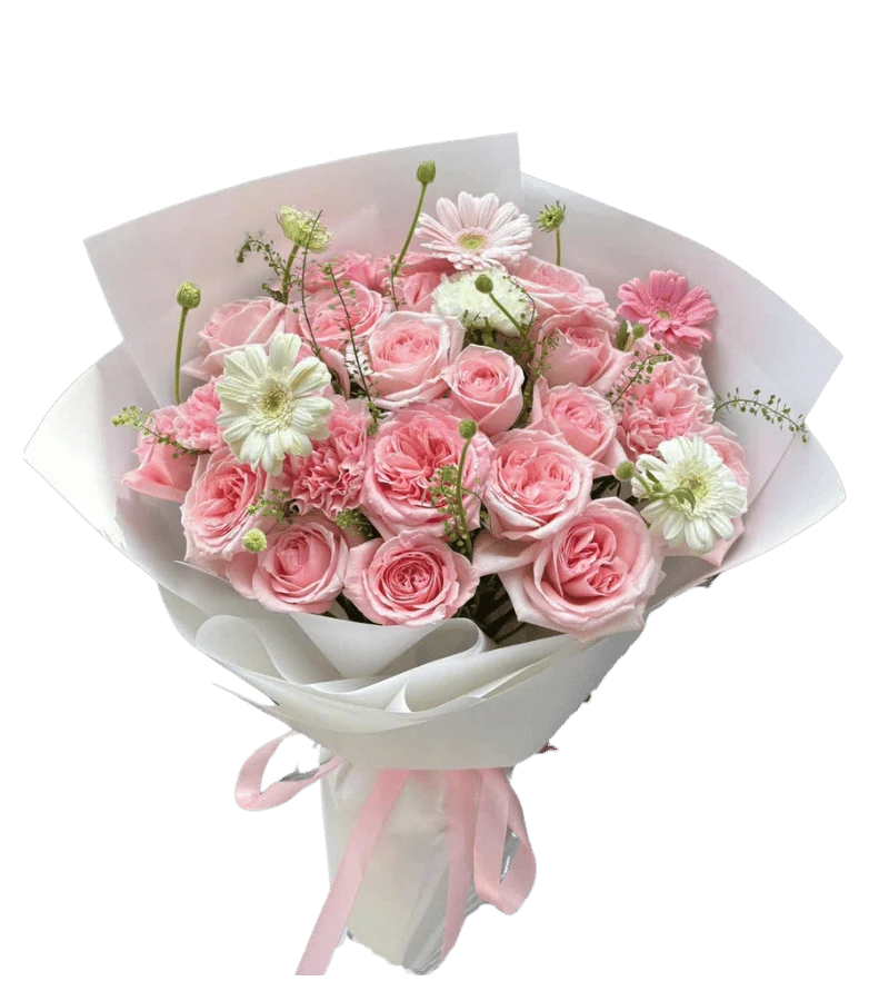 Bó hoa hồng phấn phối đồng tiền trắng hồng và cành hoa phụ mảnh