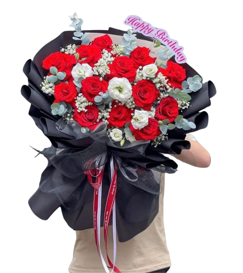 Bó hoa hồng đỏ phối hoa trắng