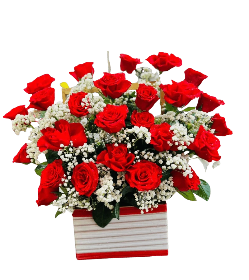 Hộp hoa hồng đỏ phối vài bông vàng
