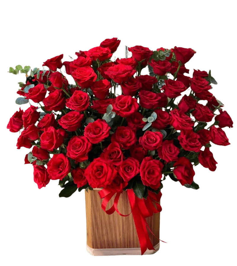 Giỏ hoa hồng đỏ cỡ lớn xếp tán tròn dày