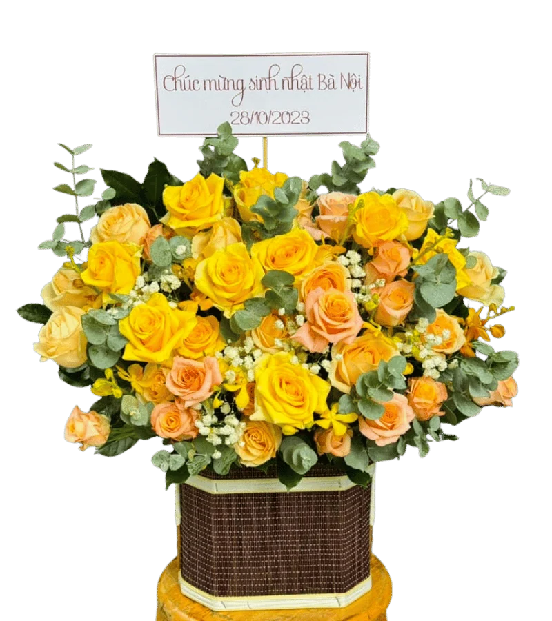 Hộp hoa hồng vàng phối hồng cam đào