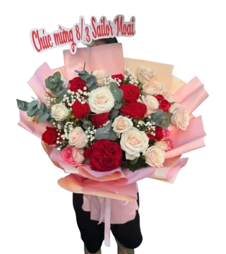 Bó hồng đỏ phối hồng kem