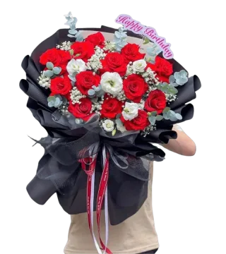 Bó hoa hồng đỏ phối hoa trắng