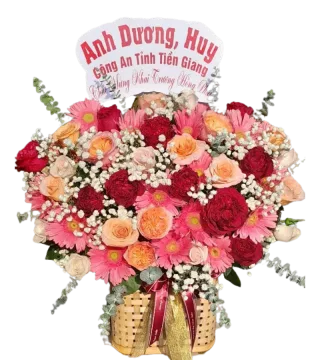 Giỏ hoa đồng tiền hồng phối hồng cam kem