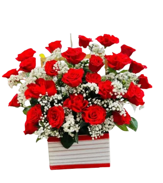 Hộp hoa hồng đỏ phối vài bông vàng