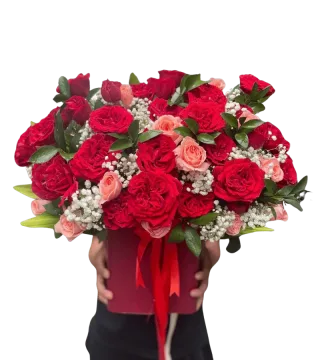 Hộp hoa hồng đỏ phối hồng san hô