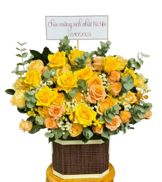Hộp hoa hồng vàng phối hồng cam đào