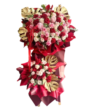 Kệ khai trương đỏ vàng hai tầng