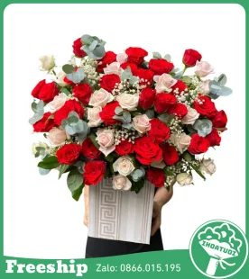 Giỏ Hoa Chúc Mừng Tone Đỏ Kem - Mã: DHT-152 - Giá: 600.000đ