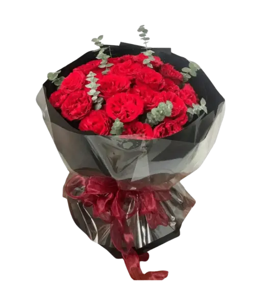 Bó hoa hồng đỏ cổ điển gói giấy đen nơ đỏ đô