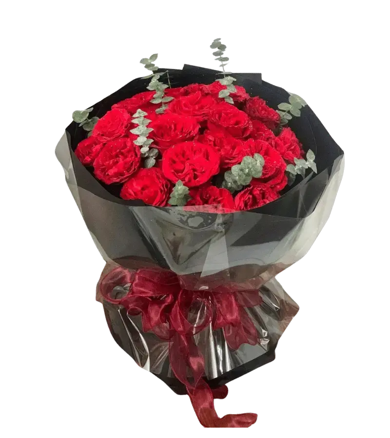 Bó hoa hồng đỏ cổ điển gói giấy đen nơ đỏ đô