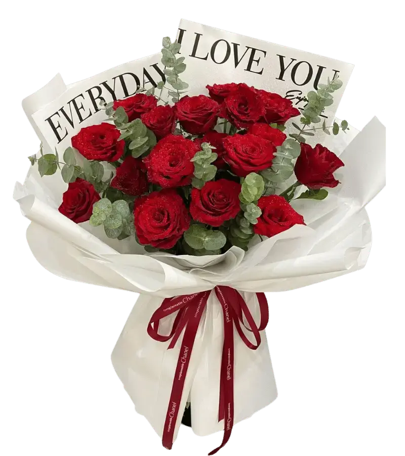 Bó hoa hồng đỏ gói giấy trắng kèm bảng Everyday I Love You