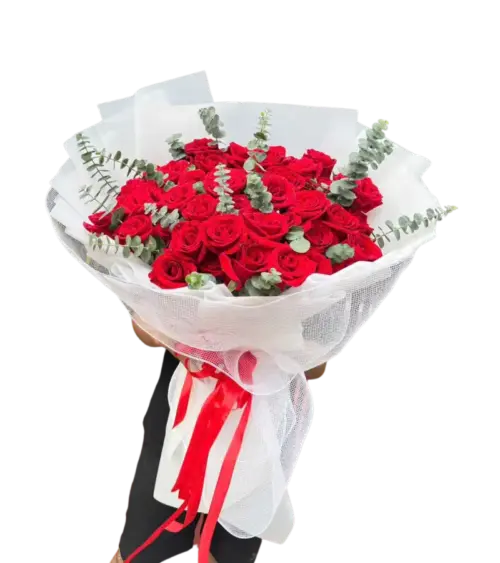 Bó hoa hồng đỏ lớn tán tròn gói giấy trắng lưới