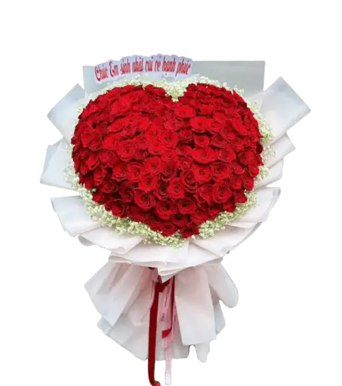 Bó hoa hồng đỏ trái tim gói giấy trắng