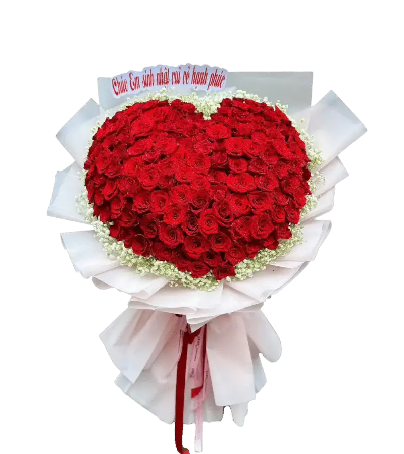 Bó hoa hồng đỏ trái tim gói giấy trắng