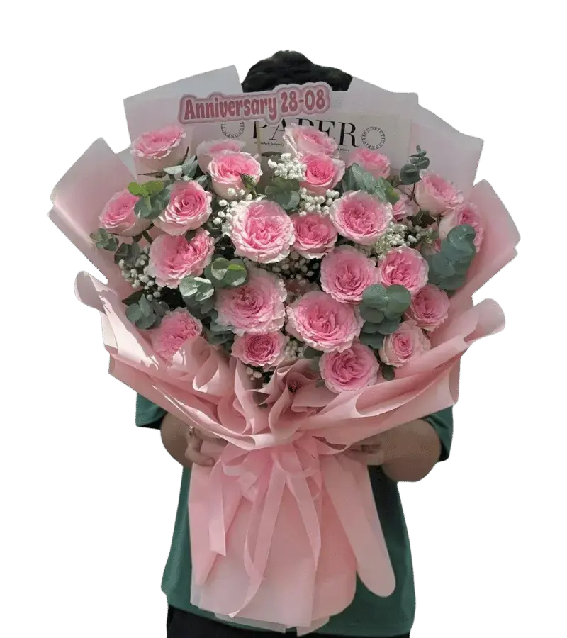 Bó hoa hồng phấn cổ điển kèm bảng Anniversary 28-08