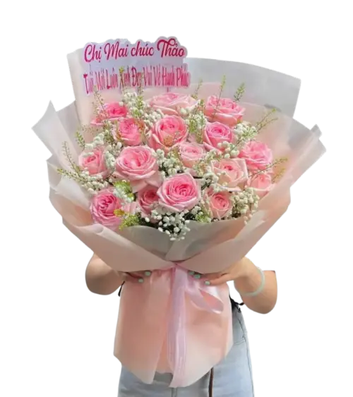 Bó hoa hồng phấn phối hoa tana kèm bảng chúc mừng tuổi mới