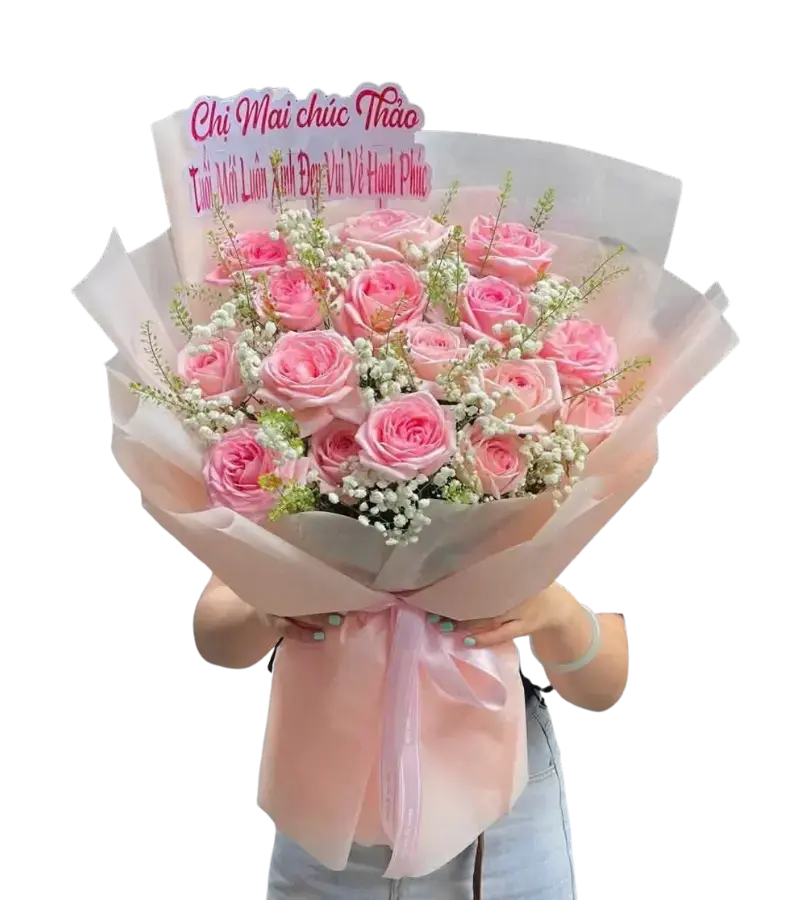 Bó hoa hồng phấn phối hoa tana kèm bảng chúc mừng tuổi mới
