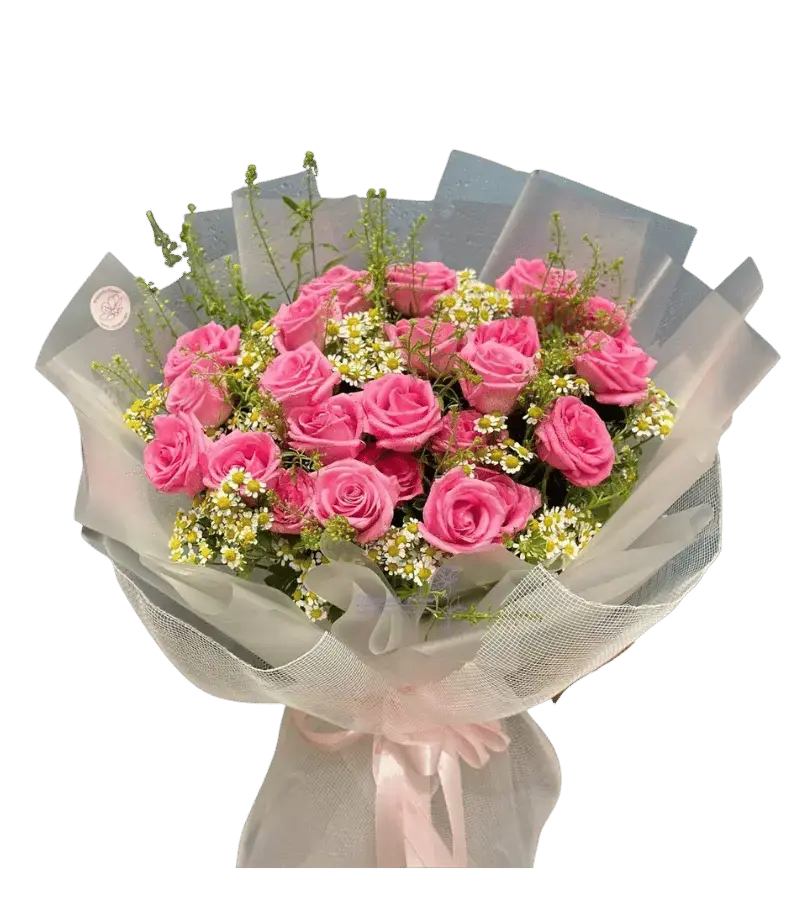 Bó hoa hồng sen phối cúc tana trắng
