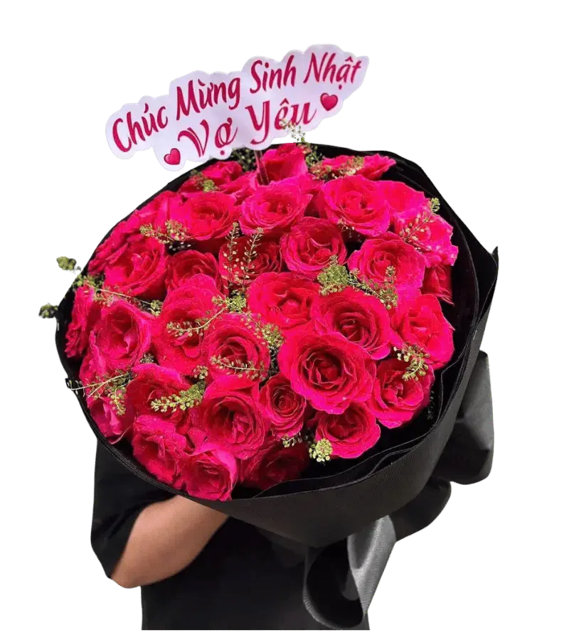 Bó hoa hồng sen tròn gói giấy đen