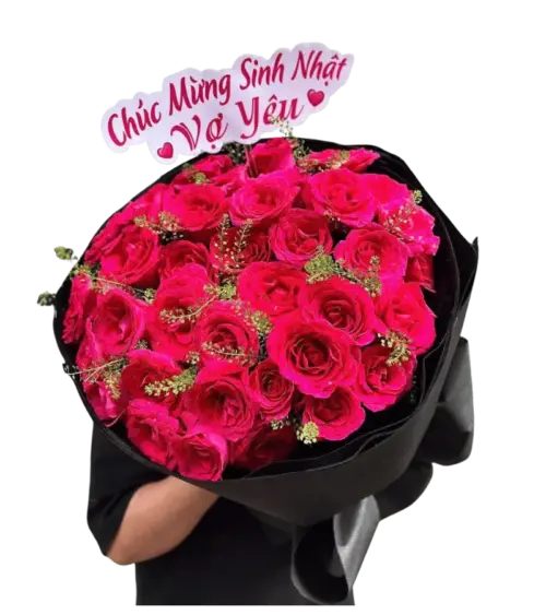 Bó hoa hồng sen tròn gói giấy đen