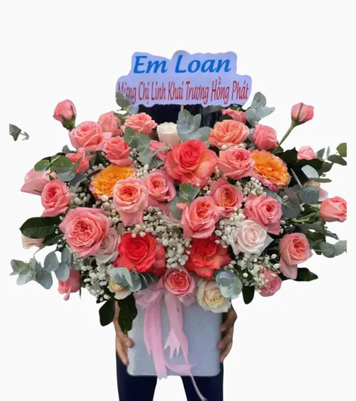 Giỏ hoa hồng cam san hô phối cẩm chướng cam khai trương