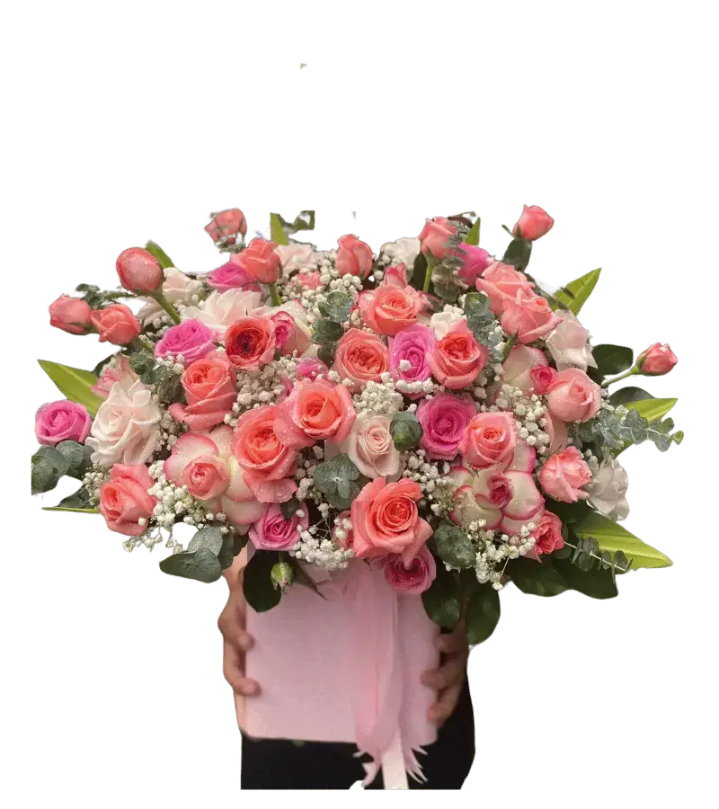 Giỏ hoa hồng cam san hô phối hồng phấn và trắng giỏ hồng