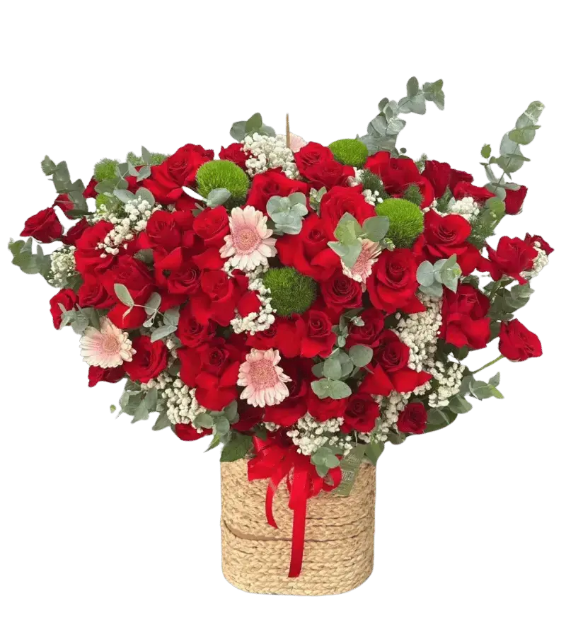 Giỏ hoa hồng đỏ cúc đồng tiền hồng cúc tròn xanh