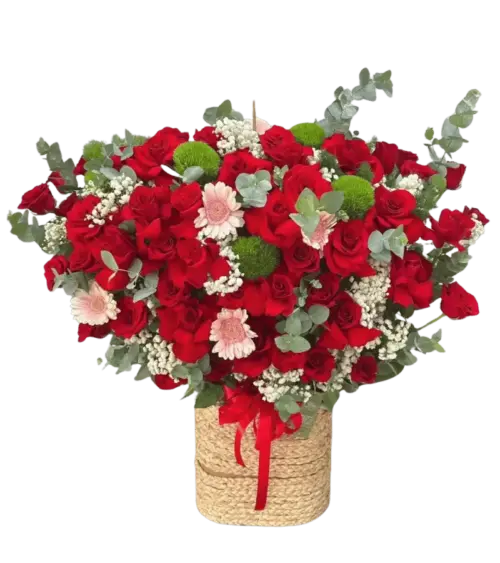 Giỏ hoa hồng đỏ cúc đồng tiền hồng cúc tròn xanh
