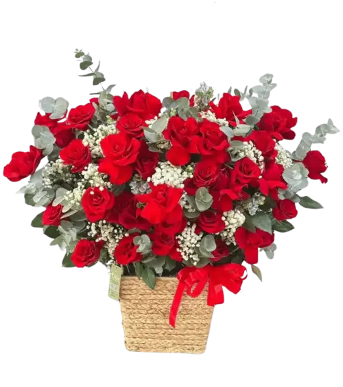Giỏ hoa hồng đỏ dày đặc giỏ cói nơ đỏ