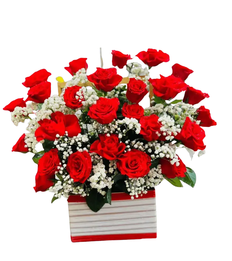 Giỏ hoa hồng đỏ giỏ sọc đỏ trắng