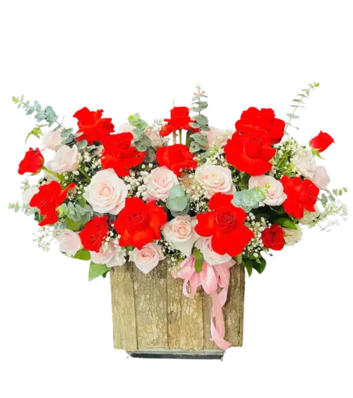 Giỏ hoa hồng đỏ hồng phấn giỏ gỗ mộc nứt vỏ