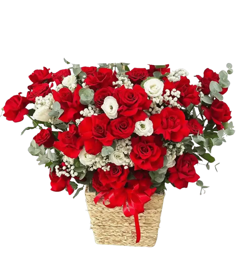 Giỏ hoa hồng đỏ hồng trắng giỏ cói nơ đỏ