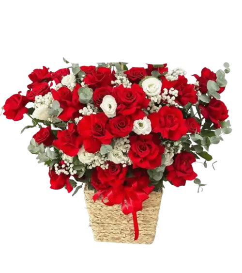 Giỏ hoa hồng đỏ hồng trắng giỏ cói nơ đỏ