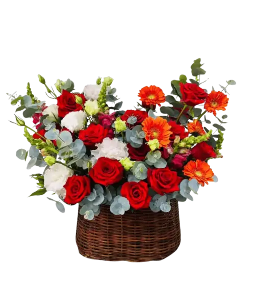 Giỏ hoa hồng đỏ phối cúc đồng tiền cam và hoa cát tường trắng dáng trái tim