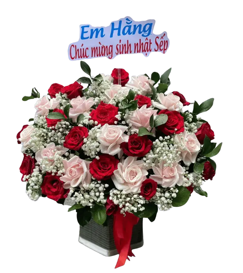 Giỏ hoa hồng đỏ phối hồng phấn chúc mừng sinh nhật sếp