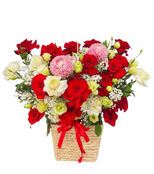 Giỏ hoa hồng đỏ trắng phối cúc hồng phấn