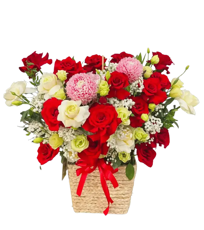 Giỏ hoa hồng đỏ trắng phối cúc hồng phấn