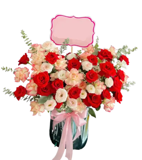 Giỏ hoa hồng đỏ trắng viền hồng bình ánh bạc