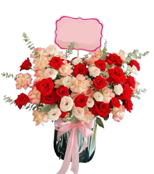 Giỏ hoa hồng đỏ trắng viền hồng nơ hồng nhạt