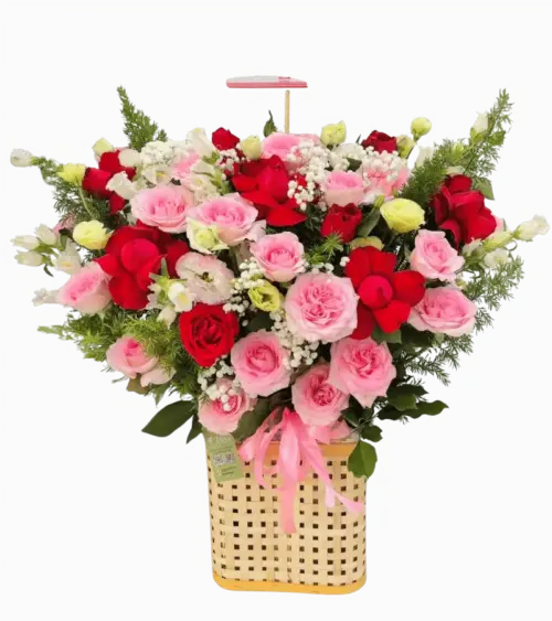 Giỏ hoa hồng phấn đỏ trắng phối lá dương xỉ