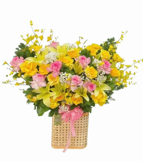 Giỏ hoa hồng vàng hồng phấn phối lily và lan vũ nữ