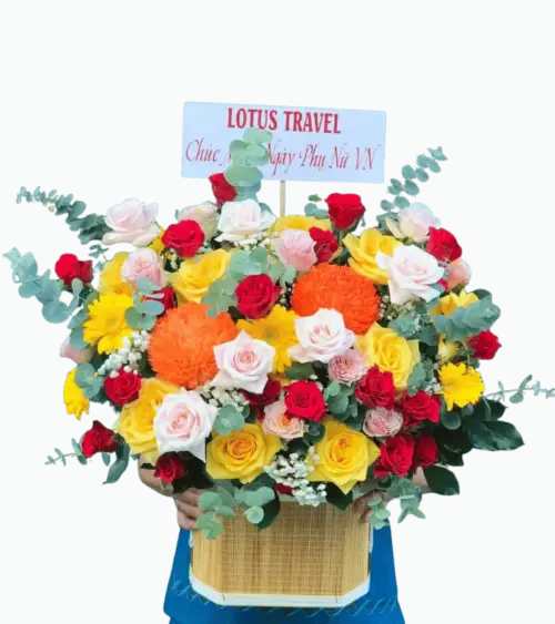 Giỏ hoa hồng vàng phối hồng đỏ và cúc mừng ngày phụ nữ