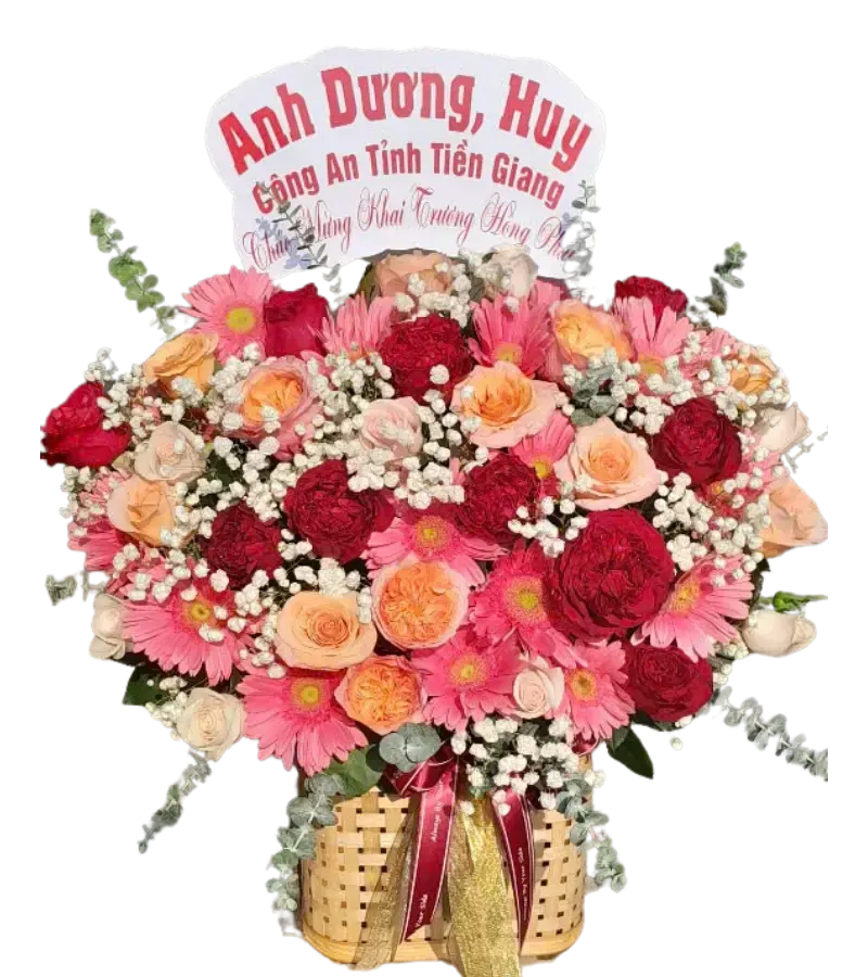 Giỏ hoa khai trương cam hồng đỏ cúc đồng tiền
