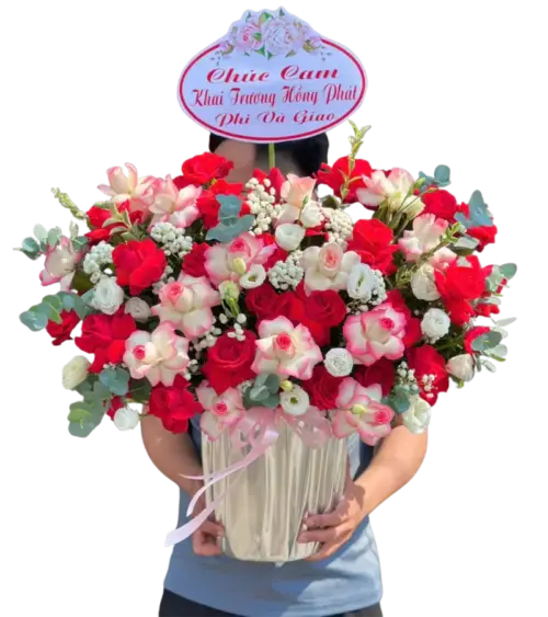 Giỏ hoa khai trương hồng đỏ hồng trắng viền hồng