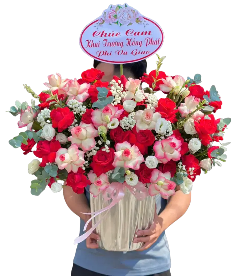 Giỏ hoa khai trương hồng đỏ hồng trắng viền hồng