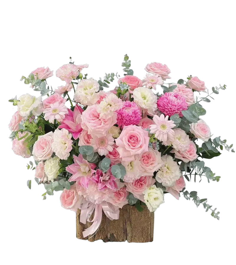 Giỏ hoa tông hồng pastel phối lily hồng cúc đồng tiền