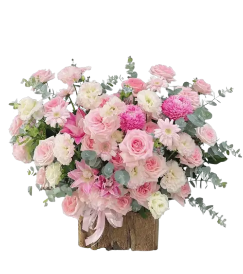 Giỏ hoa tông hồng pastel phối lily hồng cúc đồng tiền